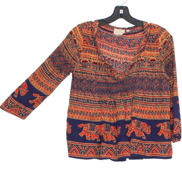 Vanessa Virginia Top 3/4 Sleeve Elephants Boho Novelty Retro Southwestern Size 2 - Picture 6 of 6